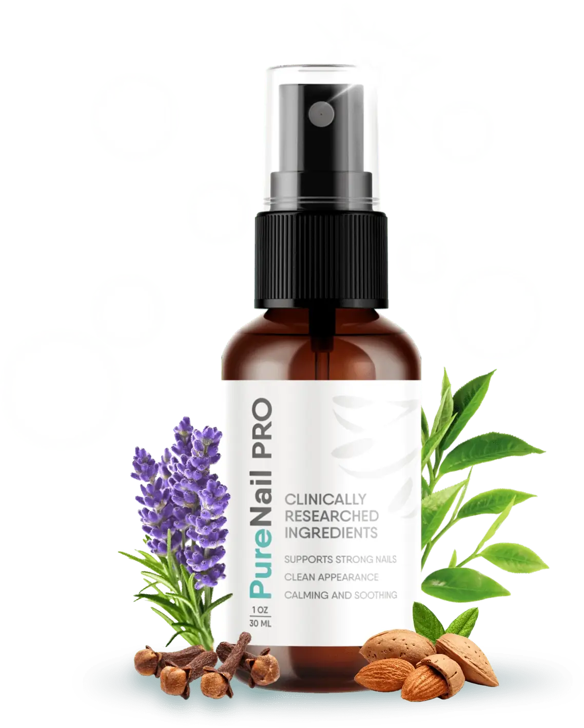 PureNail Pro bottle surrounded by lavender, tea tree, and almond, three of its 16 natural ingredients